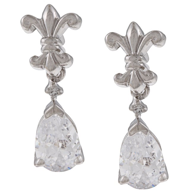 Sterling Silver Clear Cubic Zirconia Fleur de Lis Dangle Earrings 