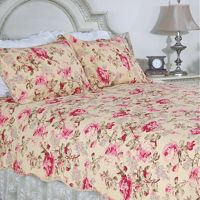 Lelia Pink Rose Cottage Cotton Kingsize Quilt Set 13926306