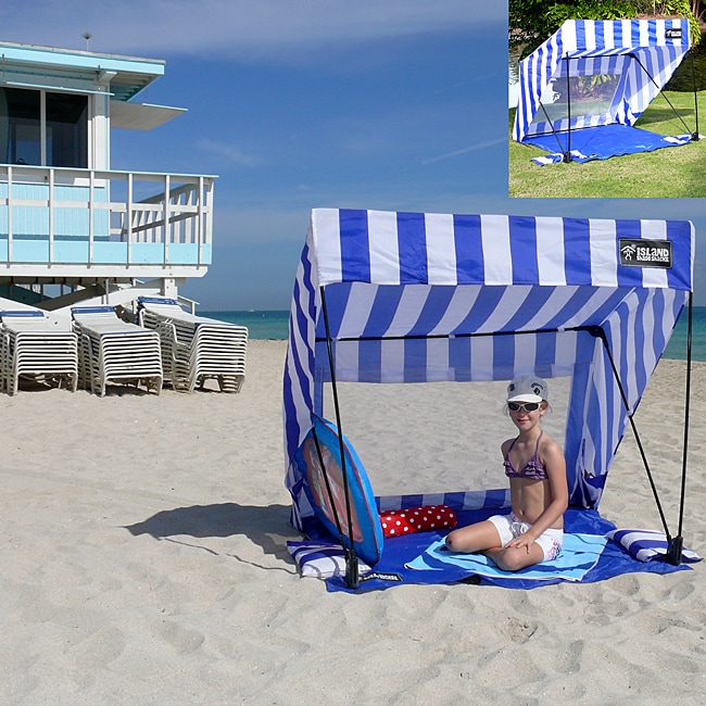 Infinita Blue/ White Island Shade Tent And Beach Shack (Blue/white Pattern StripedCapacity 2 peopleOpen shade tent for beach, pool, sports fieldRear side window rolls up and down and with a Velcro closureUV protectionWaterproofAccessories include 2 weig