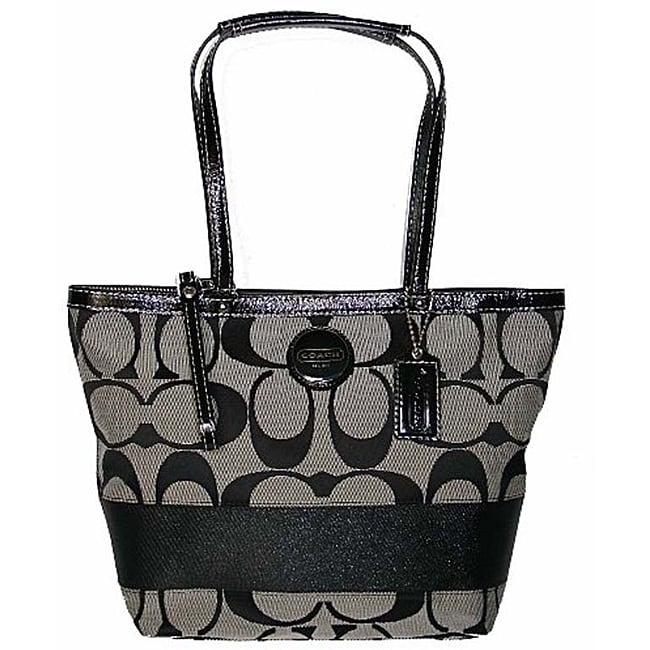 Coach Black Canvas Leather Stripe Tote - Overstock™ Shopping - Great Deals on Coach Tote Bags
