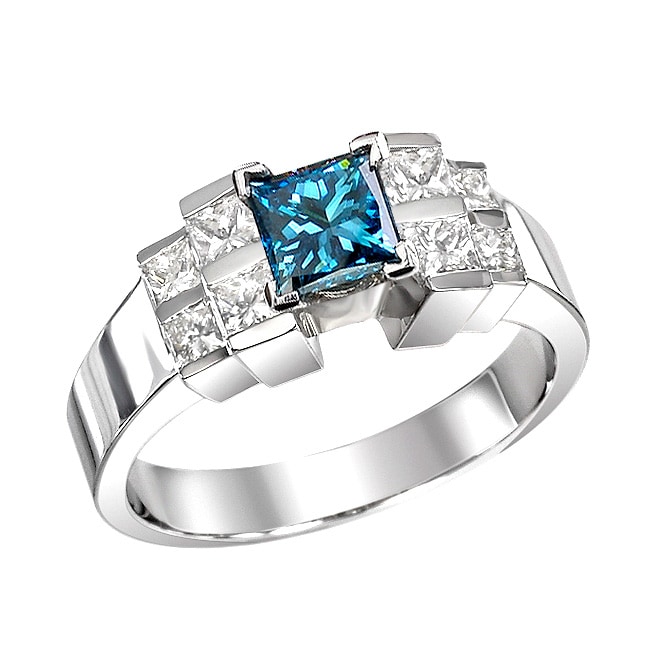 14k White Gold 1 1/4ct TDW Blue Round and Princess Diamond Ring (Size
