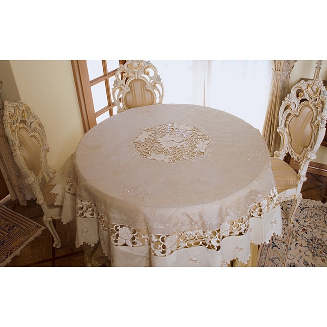 Tan Embroidered and Cutwork 72inch Round Tablecloth 14534168
