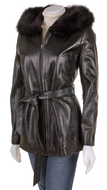 Marvin Richards Black Hooded Leather Jacket with Fox Fur Trim