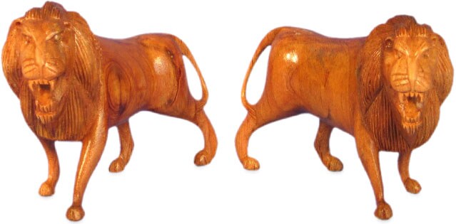 Pair of Hand carved Wooden Lions  