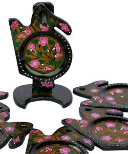 Handmade Rabbits & Flowers Lacquer Coasters (Set of 6)
