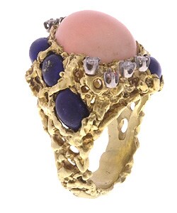 18k Gold Coral, Lapis, and Diamond Ring