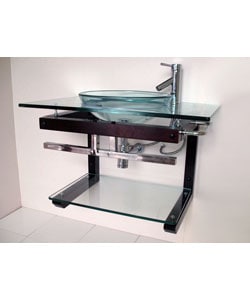 Solid Wood Wall-mount Glass Sink Vanity and Shelf