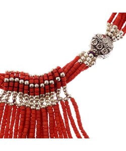 Red Serpentine, Silver Bead and White Pearl Necklace