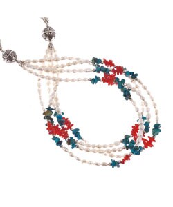 Turquoise, Red Coral, Silver and White Pearl Necklace