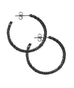 Pave Onyx Silvertone Hoop Earrings