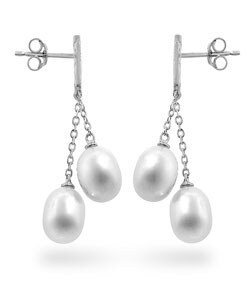 14k Gold Freshwater Pearl Diamond Dangle Earrings