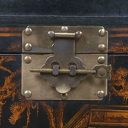 Black Bonded Leather Hand-painted Oriental Corner Cabinet