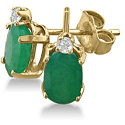 14k Yellow Gold Emerald and Diamond Stud Earrings