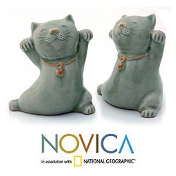 Set of 2 Ceramic 'Good Luck Cats' Statuettes (Thailand)