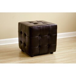 Brown Bi-cast Leather Button-tufted Cube Ottoman