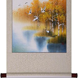 'Cranes and Golden Pond' Chinese Art Wall Scroll Painting