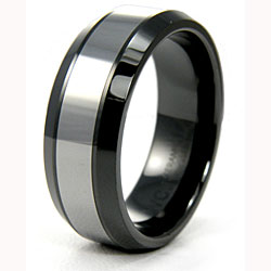 Men's Ceramic and Tungsten Beveled Edge Polished Black Ring (8 mm)