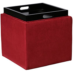 Crimson Microfiber Storage Ottoman with Tray