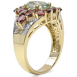 18k Gold over Silver Green Amethyst/ Garnet Flower Ring