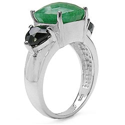 Silver Emerald and Black Sapphire 3-stone Ring