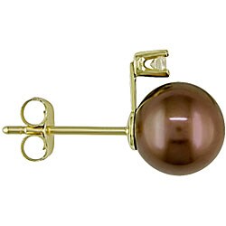 14k Gold Brown FW Pearl and Diamond Earrings (7-7.5 mm)