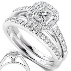 14k Gold 5/8ct TDW Princess Diamond Halo Bridal Ring Set