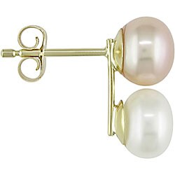 14k Yellow Gold Pink and White FW Pearl Earrings