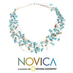Silvertone 'Cool Shower' Pearl and Turquoise Necklace (Thailand)