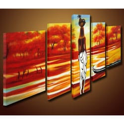 'African Scene' Hand-painted Oil on Canvas Art (Set of 5)