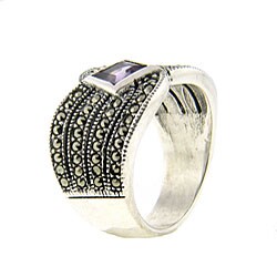 Sterling Silver Purple Cubic Zirconia and Marcasite Ring