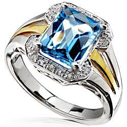 Silver and Goldplated Emerald-cut Blue Topaz and Diamond Ring