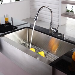 Kraus Stainless Steel Farmhouse Kitchen Sink, Brass Faucet/ Dispenser