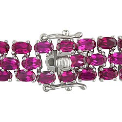 Sterling Silver Oval-cut Created Ruby Three-row Link Bracelet