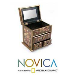 Painted Glass 'Wine and Flowers' Jewelry Box (Peru)
