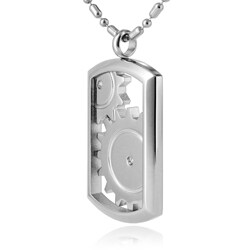 Stainless Steel Gear Cutout and Cubic Zirconia Dog Tag Necklace