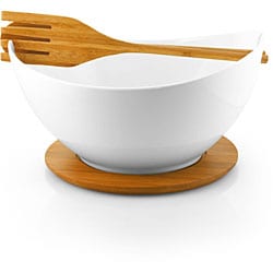 White Porcelain Salad Bowl on Bamboo Tray with Serving Utensils