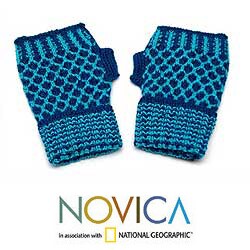 Alpaca Wool 'Blueberry Honeycomb' Fingerless Gloves (Peru)