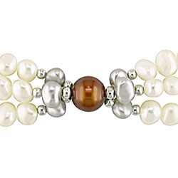 Brown, Grey and White Freshwater Pearl 3-strand Stretch Bracelet (4-9 mm)