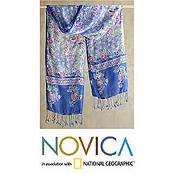 Silk 'Sapphire Mums' Batik Shawl  (Indonesia)