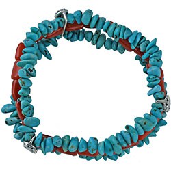 Southwest Moon Coral and Blue Turquoise Chip 3-strand Stretch Bracelet