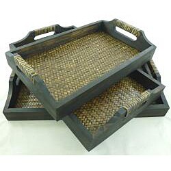 Woven Rattan & Monkey Wood Nesting Tray Set (Set of 3)