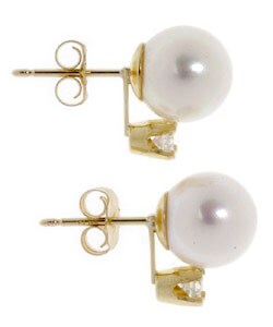 14k Diamond 7.5-8 mm Cultured  Pearl Earrings