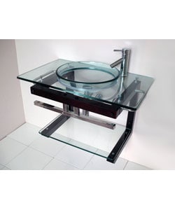 Solid Wood Wall-mount Glass Sink Vanity and Shelf