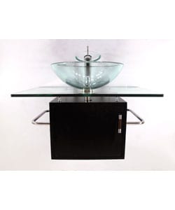 Wall-mount Glass Sink Vanity with Solid Wood Base