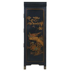 Hand-painted Black Bonded Leather Oriental Storage Cabinet