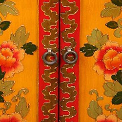 Red and Yellow Tibetan End Table/ Storage Cabinet