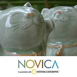 Set of 2 Ceramic 'Good Luck Cats' Statuettes (Thailand)