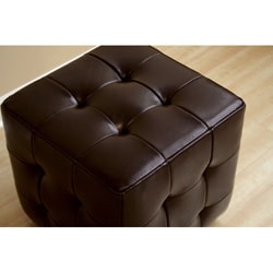 Brown Bi-cast Leather Button-tufted Cube Ottoman