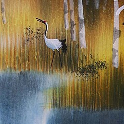 'Cranes and Golden Pond' Chinese Art Wall Scroll Painting