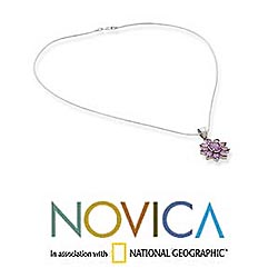 Sterling Silver 'Lilac Sunflower' Amethyst Necklace (India)